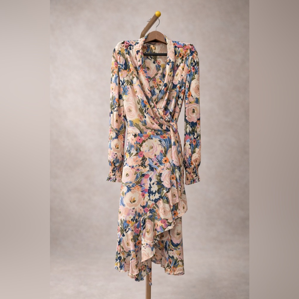 Floral Wrap Midi Dress with Long Sleeves - Pink Floral